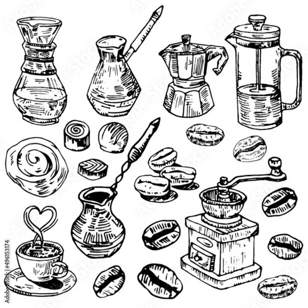 Obraz Coffee set doodle set hand drawn. Set of coffee items in sketch style: french press, geyser coffee maker, cezve, coffee beans, coffee grinder, mug,sweets 