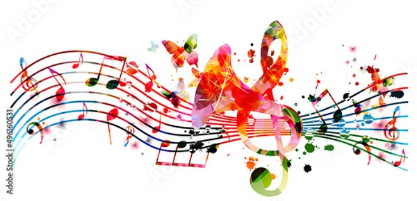 Fototapeta Colorful musical poster with musical notes, staff, gramophone horn and G-clef isolated vector illustration. Playful background for live concert events, music festivals and shows, party flyer	
