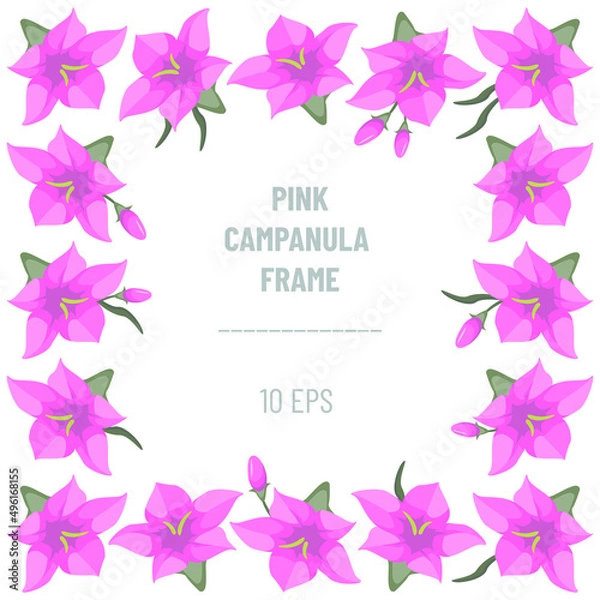Fototapeta Pink campanulas frame; square frame with buds pinkbells for greeting cards, invitations, posters, banners, packaging and other design. Vector illustration.