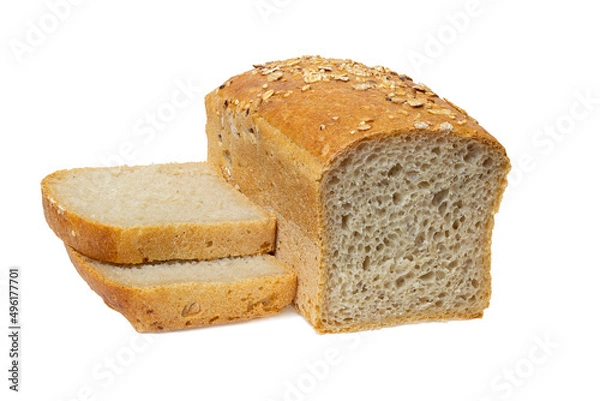 Fototapeta Bread loaf square shape and sliced slices isolated on a white background, full focus, clipping path, no shadows.