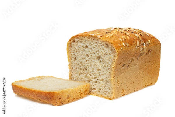 Fototapeta Bread loaf square shape and sliced slices isolated on a white background, full focus, clipping path, no shadows.