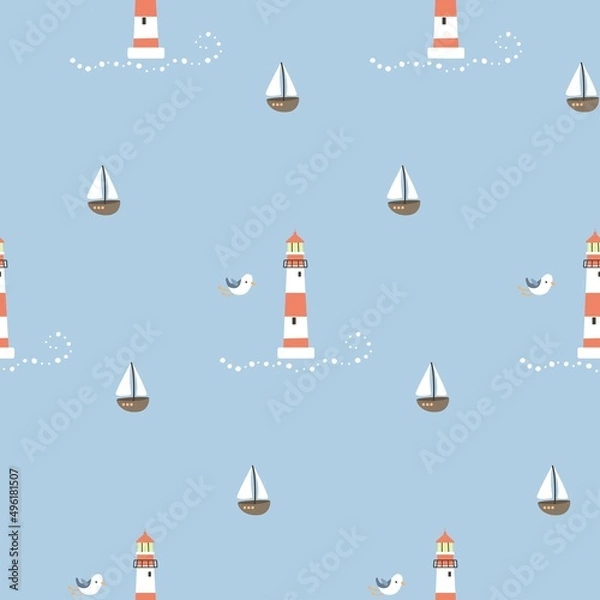 Fototapeta Seamless pattern with lighthouses, cute cartoon seagulls and ships. Vector illustration.
