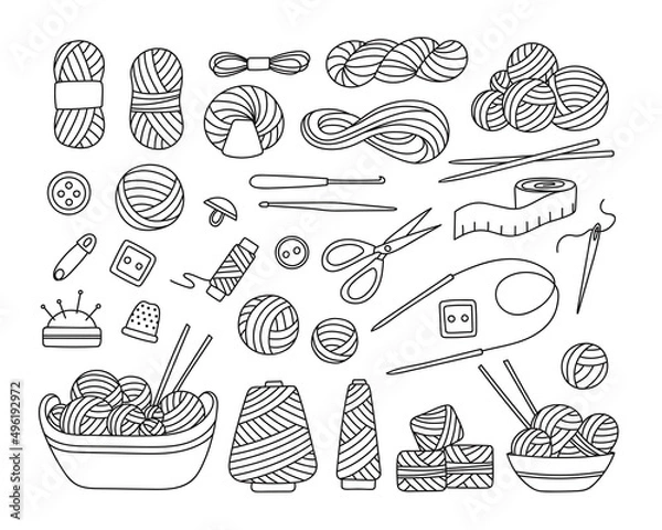 Obraz Set of knitting tools in sketch doodle style. Various skeins of yarn, needles and hooks, icon of accessories. Collection of handicraft hobby objects. Isolated hand drawn vector illustration