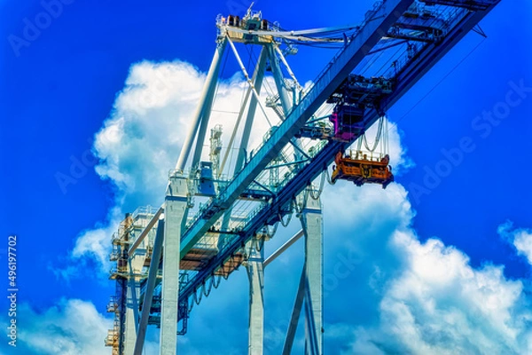 Fototapeta Aerial view over cargo cranes and ships in cargo port of Miami, Florida, USA.