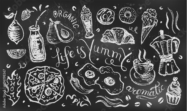 Fototapeta Menu banner with food and drink illustrations, hand drawn lettering quotes. Chalk drawing technique on blackboard in rustic style. Black and white 