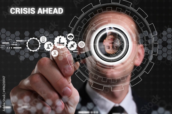 Fototapeta Business, technology, internet and network concept. Young businessman thinks over the steps for successful growth: Сrisis ahead