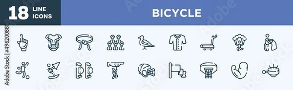 Fototapeta set of bicycle icons in outline style. bicycle thin line icons collection. foam hand, chest guard, belts, baseball team, seagulls, baseball jersey vector.