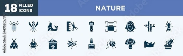 Obraz set of nature icons in filled style. nature editable glyph icons collection. louse, winged insect, seal, groomer, hair clipper vector.