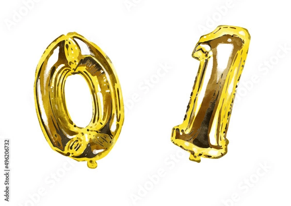 Fototapeta Set of watercolor golden foil balloons in shape of ten numerals . Hand drawn party stuff, decorative elements, isolated on white