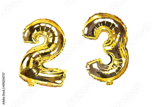 Fototapeta Set of watercolor golden foil balloons in shape of ten numerals . Hand drawn party stuff, decorative elements, isolated on white