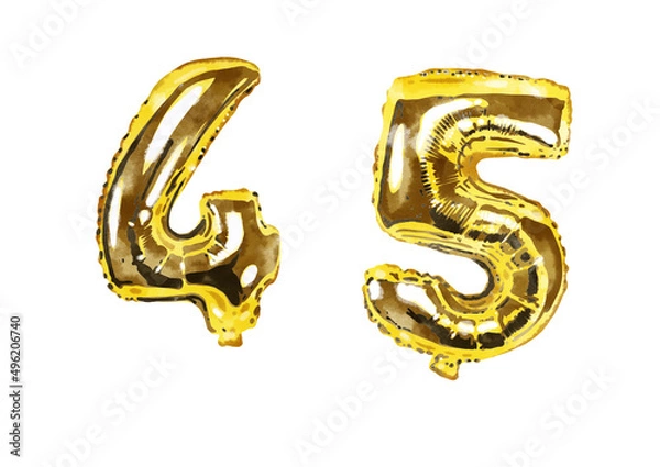 Fototapeta Set of watercolor golden foil balloons in shape of ten numerals . Hand drawn party stuff, decorative elements, isolated on white