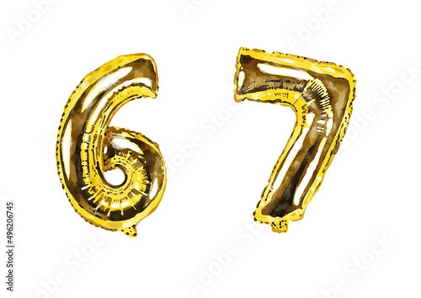 Fototapeta Set of watercolor golden foil balloons in shape of ten numerals . Hand drawn party stuff, decorative elements, isolated on white
