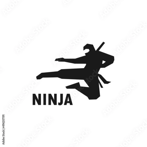 Obraz Jumping ninja kicking attack simple black vector silhouette illustration.