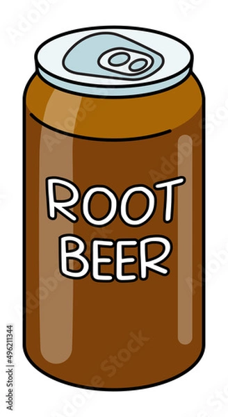 Fototapeta Doodle cartoon style root beer in a can. Traditional refreshing soft or alcohol drink, cocktail ingredient. For card, stickers, posters, bar menu or cook book recipe.