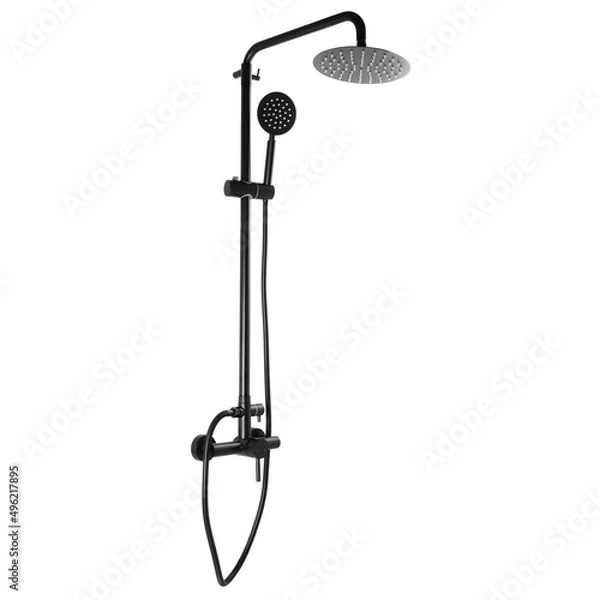 Obraz Photo of a shower column on a white background. Bathroom design. Elements in the interior. Water procedures increase the general tone of the body, they are also necessary for daily human hygiene.
