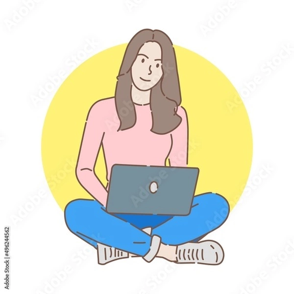 Fototapeta beautiful smiling young woman studying with notebook while sitting in lotus pose