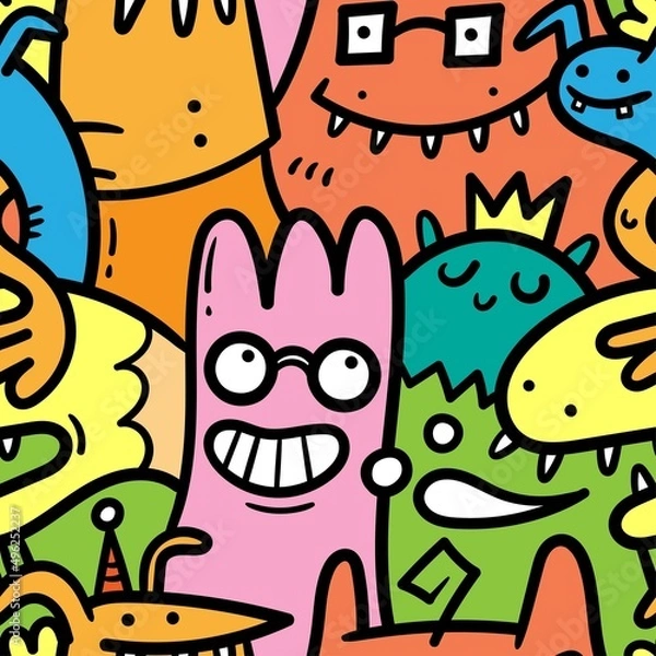 Fototapeta Bezproblemowy wzór z uroczymi stworzeniami z kreskówek na kolektywnym tle. Śmieszne kreskówkowe zwierzęta drukują. DOODLE PLAGER MONSTER.