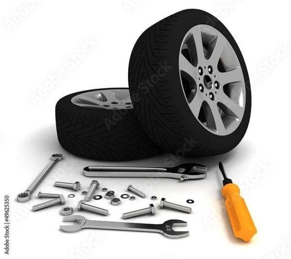 Obraz Wheel and Tools. Car service. Isolated 3D image