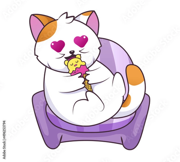 Fototapeta cat and ice cream, a white cat is sitting on the couch and eating ice cream, vector illustration