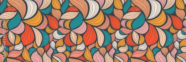 Fototapeta Abstract seamless pattern with hand drawn graphic leaves. Colorful floral summer background  for wallpaper design. Tropical vector illustration design. Banner with decorative geometric waves