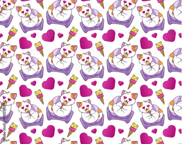 Fototapeta seamless pattern with cat and hearts, vector illustration