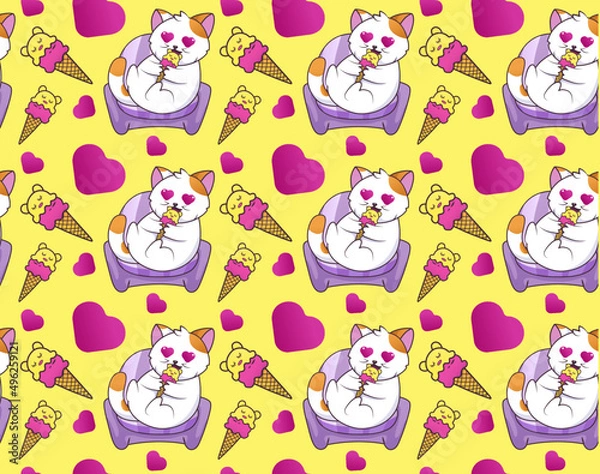 Fototapeta seamless pattern with cats and hearts, vector illustration