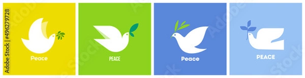 Fototapeta Peace dove with olive branch. Flat style vector illustration with white pigeon on colorful background for no war concept