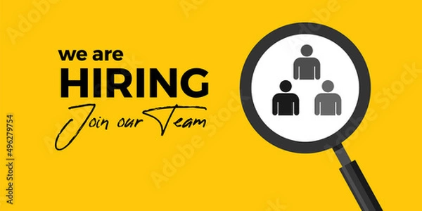 Fototapeta we are hiring, join our team, job announcement banner design, hiring job vacancy yellow vector banner design