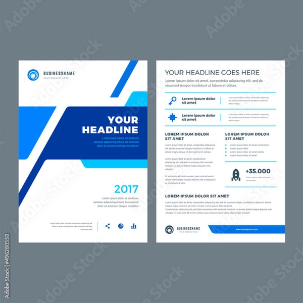 Fototapeta Blue brochure annual report flyer design template, vector abstract flat background with logo design.