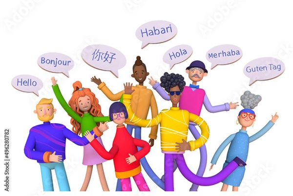 Obraz Group of native speakers say - Hello in different languages. Diverse cultures, international communication concept, club of foreign languages, language learning camp,