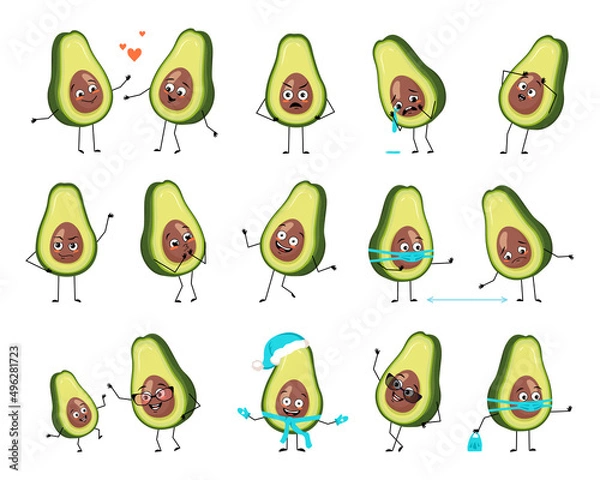 Fototapeta Avocado character with happy or sad emotions, panic, loving or brave face, hands and legs. Cheerful vegetable person, fruit with mask, glasses or hat. Vector flat illustration. 