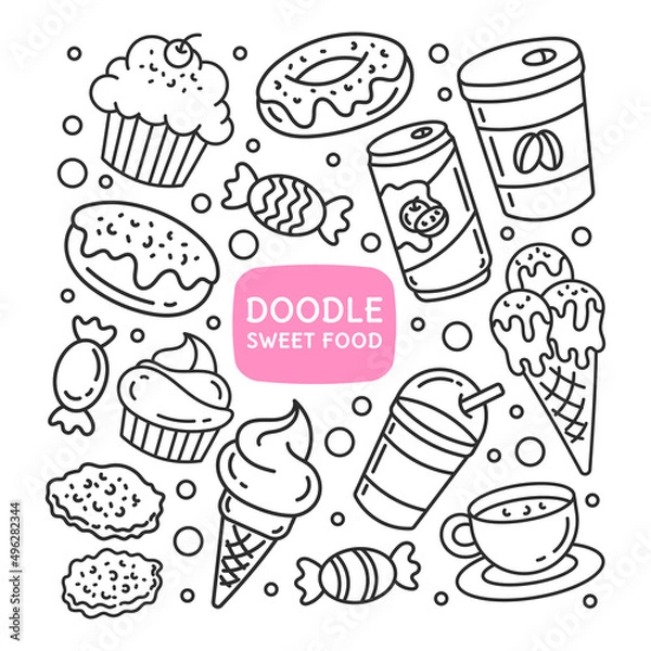 Fototapeta Set of doodle elements with sweet food and drinks. Isolated illustrations on a white background.