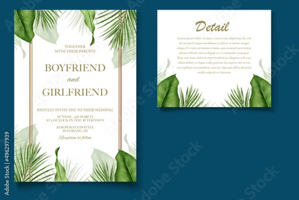 Fototapeta Tropical banner background with realistic summer leaves