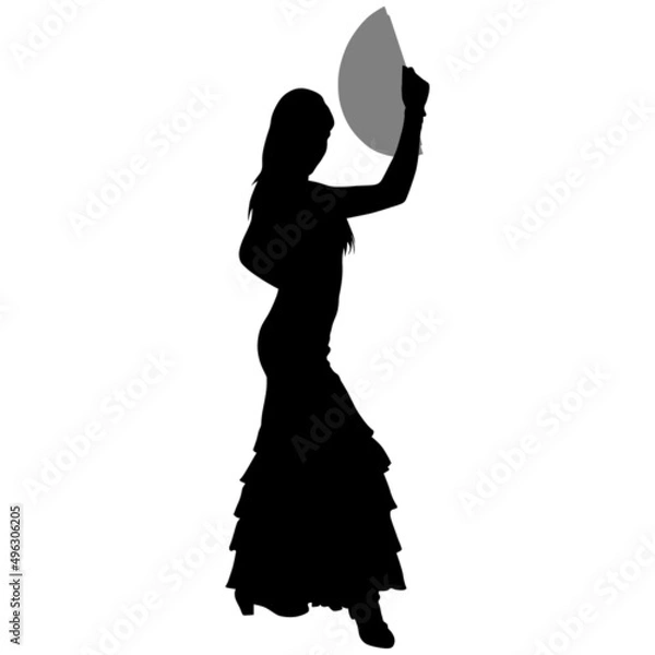 Obraz Black silhouette of flamenco dancer in beautiful dress with fan in her hand