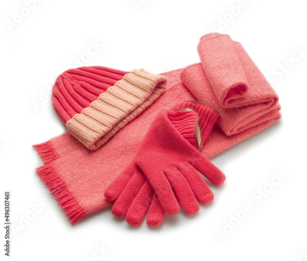 Fototapeta soft pink scarf with gloves and cashmere wool hat on white background
