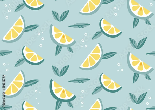 Fototapeta Seamless pattern with mojito cocktail with lime slices, and mint leaves. Summer fruit, tropical citrus background, cold drink. Concept for fresh lemonade, soda. Vector flat cartoon illustration