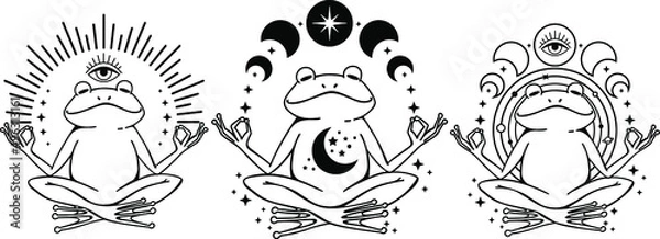 Fototapeta Meditating Celestial Frog, Magic toad with moon, Frog in mushroom hat, Celestial toad, Witchy frog with moon phases