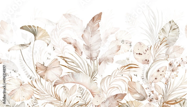 Obraz Tropical Beige design -  watercolor exotic leaves. Arrangement with palm branch