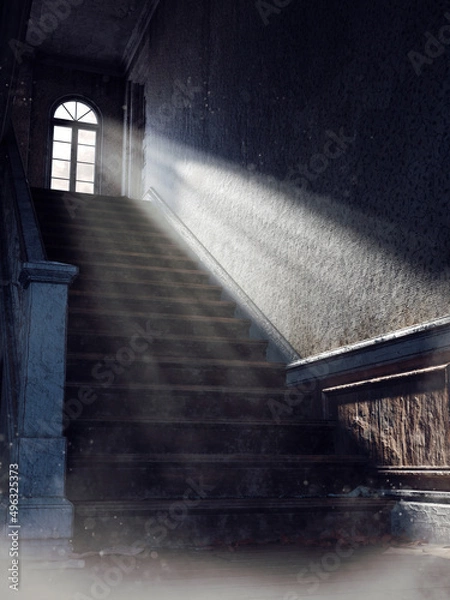 Obraz Dark scene with dusty stairs in an old house, lit by a ray of light coming through the window. 3D render.
