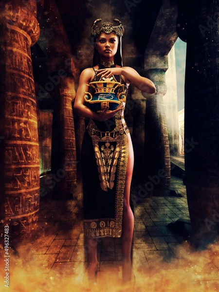 Fototapeta Fantasy ancient Egyptian priestess standing with a vase by a column with hieroglyphs. 3D render - the woman is a 3D object. 