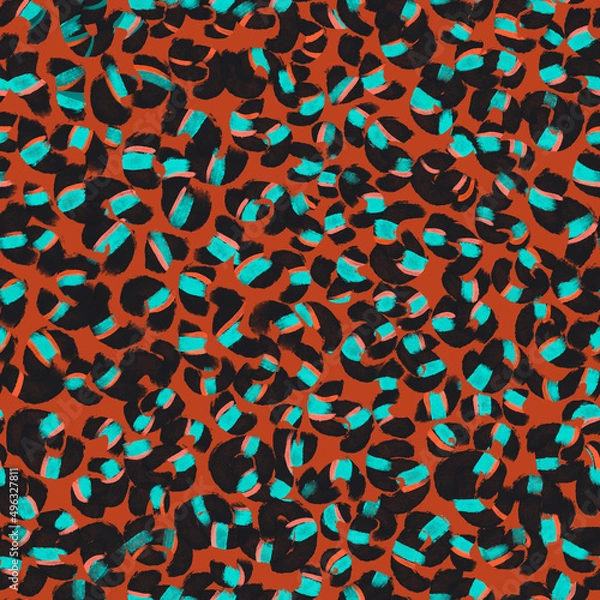 Fototapeta Animalistic colorful seamless pattern imitating the skin of a leopard, zebra, giraffe. Bright rich bold pattern with a print of African safari animals in colorful stylish mimicking in nature