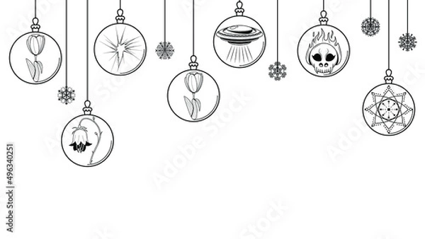 Fototapeta Black Doodle Outline Simple Line Abstract Maerry Christmas Xmas Balls With Snowflakes Holiday Decorations Happy New Year Background Vector Design Style