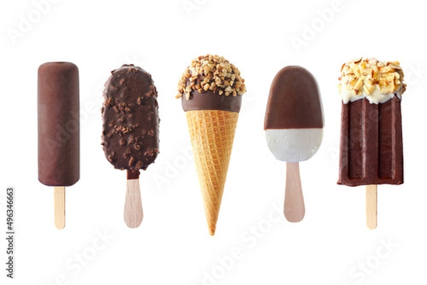 Obraz Set of unique summer chocolate popsicle and ice cream treats isolated on a white background