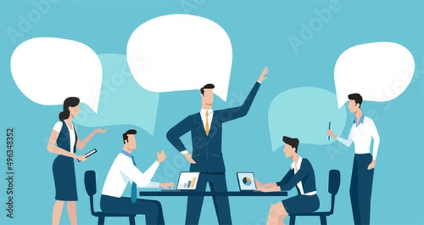 Fototapeta Business communication meeting. Office workers life. Team thinking and brainstorming. Vector flat illustration.