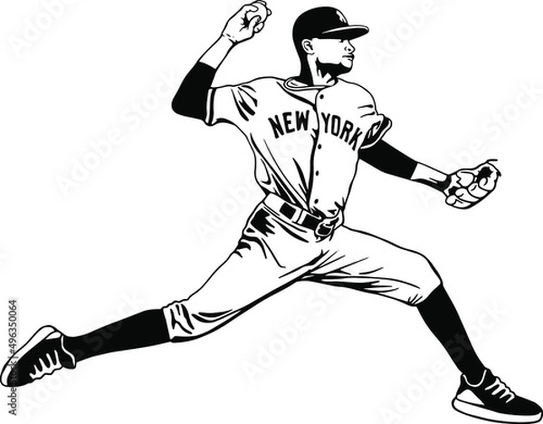 Fototapeta Baseball player, abstract vector silhouette.Vector illustration of a baseball player throwing the ball. Beautiful sport themed poster. Abstract background, summer sports, team game, baseball pitcher