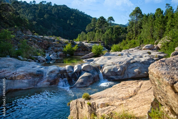 Fototapeta The Cavu river and its natural pools. Piscines Naturelles De Cavu are natural swimming pools formed by river Cavu, Corse du Sud, Corsica, France