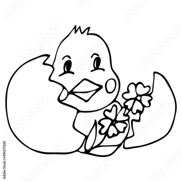 Fototapeta Easter сhick and egg with flowers. Vector hand drawn outline symbol  isolated on white. 