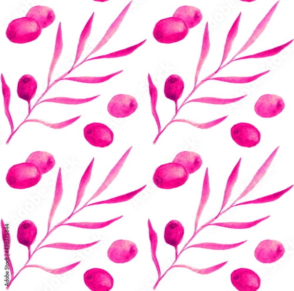 Fototapeta Seamless botanical pattern with watercolor olive branches and olives on a white background. For home textile and surfaces design.