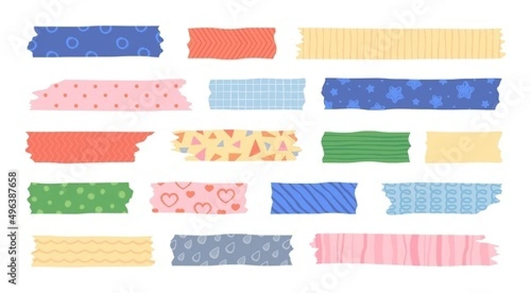 Fototapeta Washi tape with cute patterns, adhesive scotch stripes for scrapbooking. Japanese masking tapes with dots, stars and hearts, colorful mask strips for scrapbook decor vector set