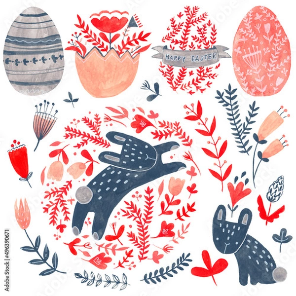 Obraz Watercolor decorative items for Easter. Hare, plant, egg - seamless pattern